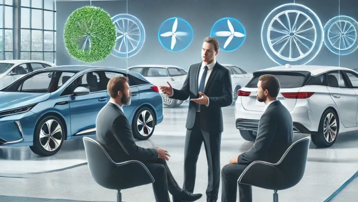 Consulente in una concessionaria che spiega le differenze tra full hybrid e mild hybrid a un cliente interessato all’acquisto